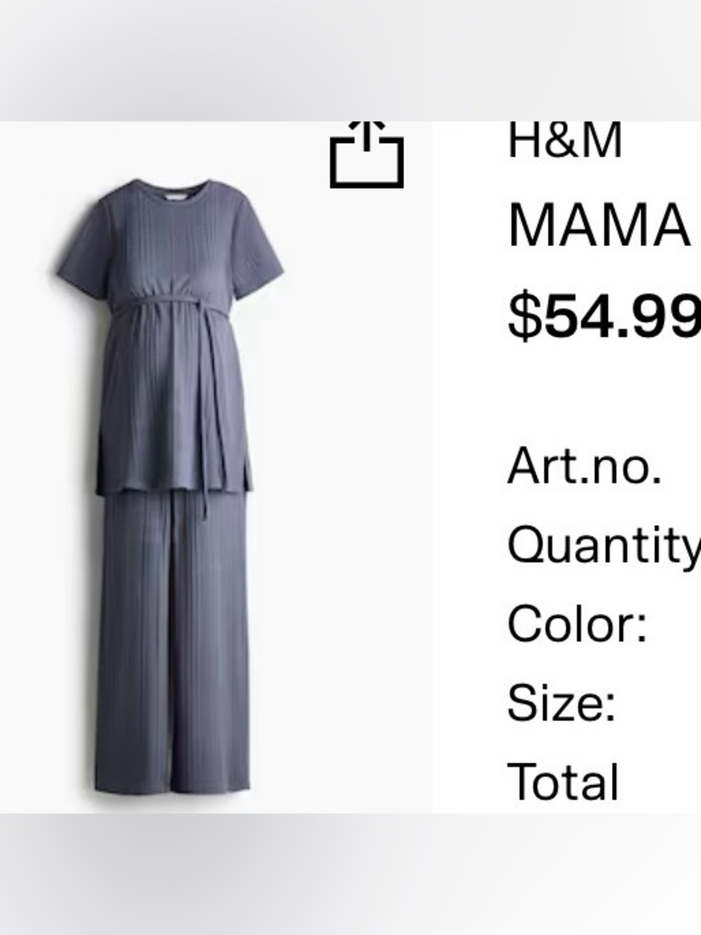 H&M MAMA Pleated Two-Piece Maternity Jumpsuit in Slate Gray/Blue color